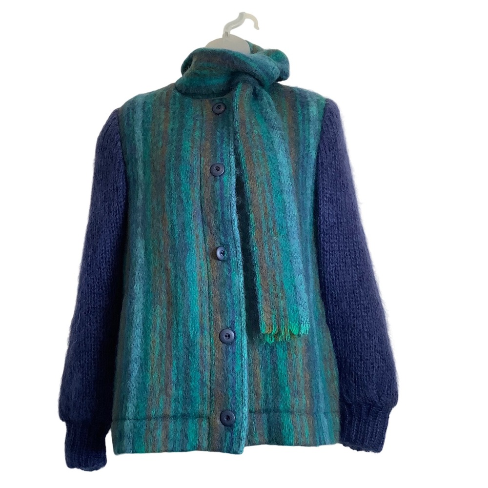 Donegal Design Handwoven Mohair Wool Jacket Scarf Teal Blue Green Ireland Vtg